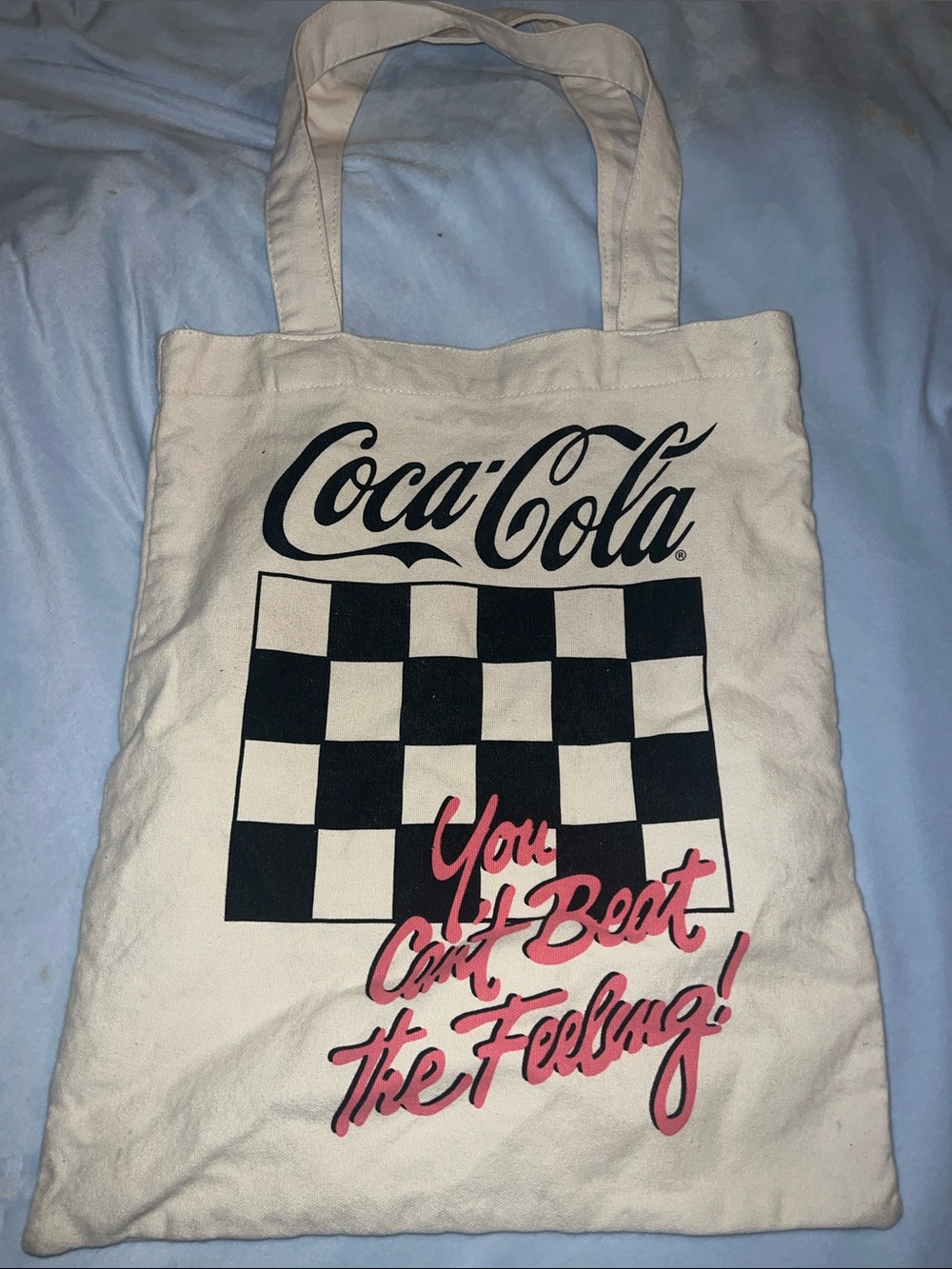 Coca Cola Cream Canvas Tote with Black Checker and Pink Script